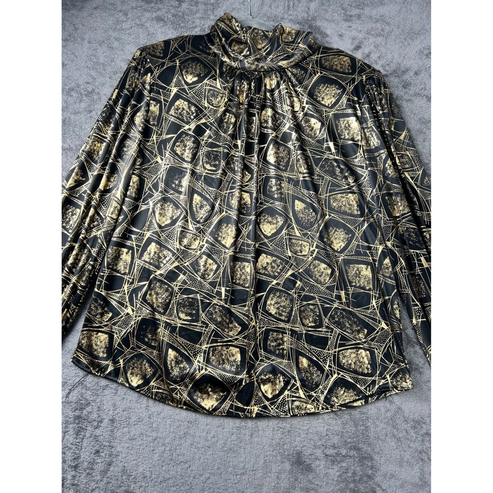 Lauren Lee Vintage Gold Black Geometric Mock Neck Blouse Long Sleeve Top size 12 - Picture 2 of 8
